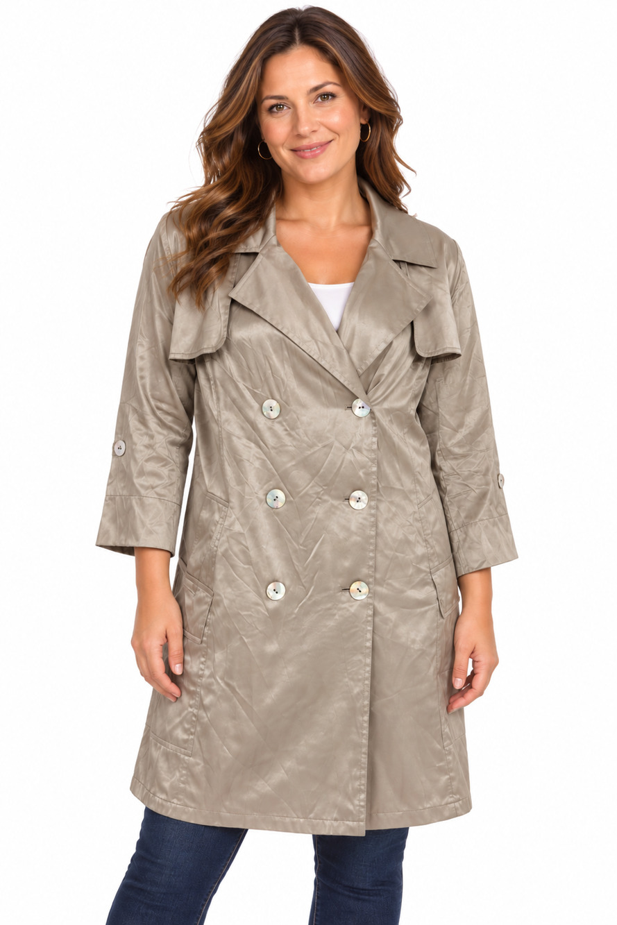 Chicos Satin 100% Silk Lightweight Double Breasted Trench Coat Jacket sz 2 / L